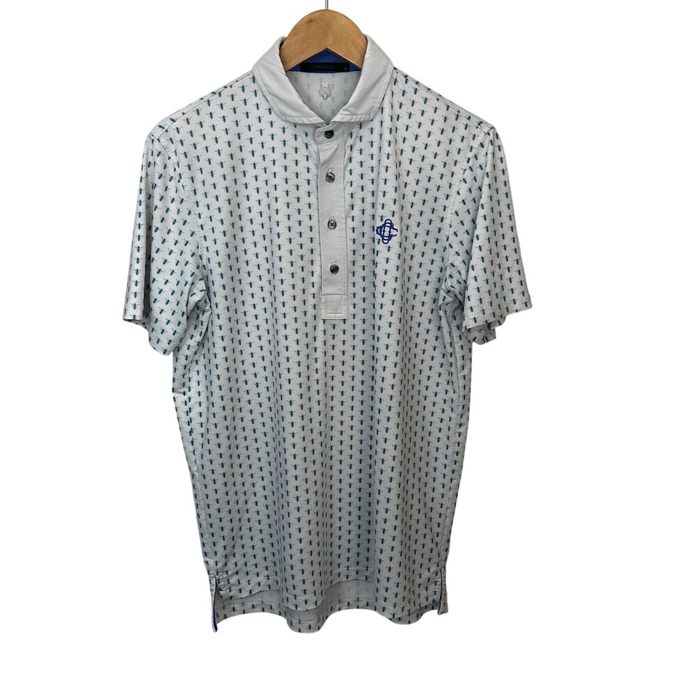 Greyson Men's Small Polo Shirt Bee Bumblebee Golf Blue White Embroidered Logo
